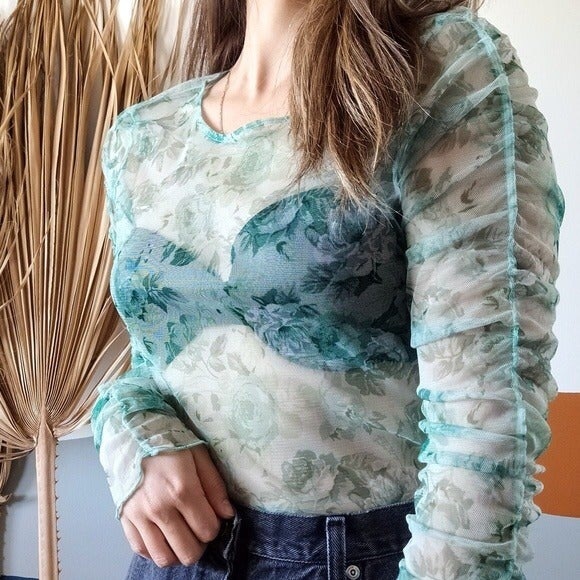 Zara Tops - Zara Women’s Green Floral Mesh Blouse